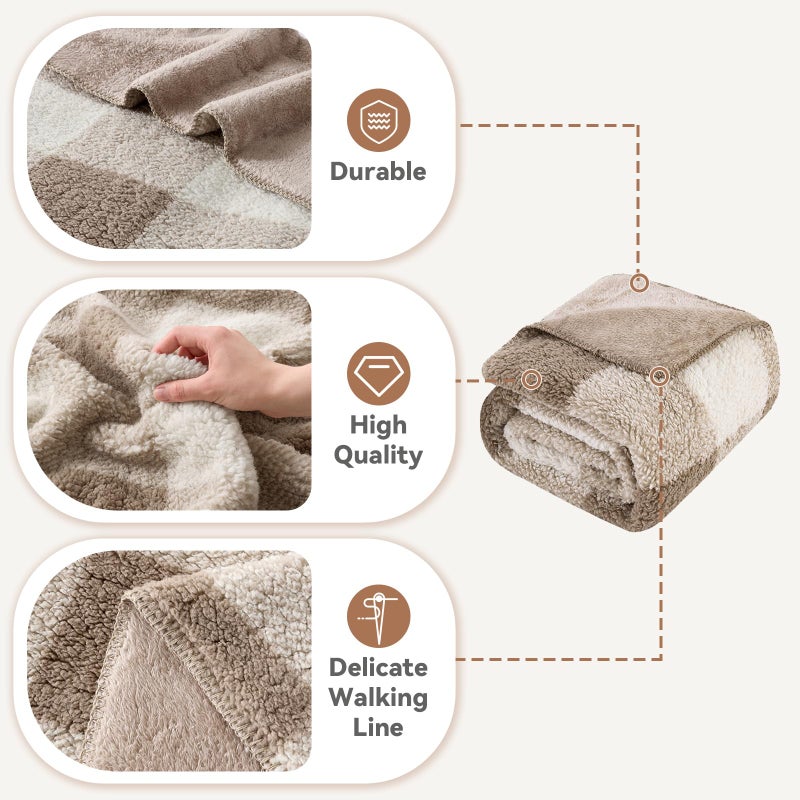 LURKA Checkered Sherpa Fleece Throw Blanket - Extra Thick and Warm Winter Soft Fuzzy Plush Blanket for Couches, Beds & Pets, Khaki, 50x60 Inches - Image 3